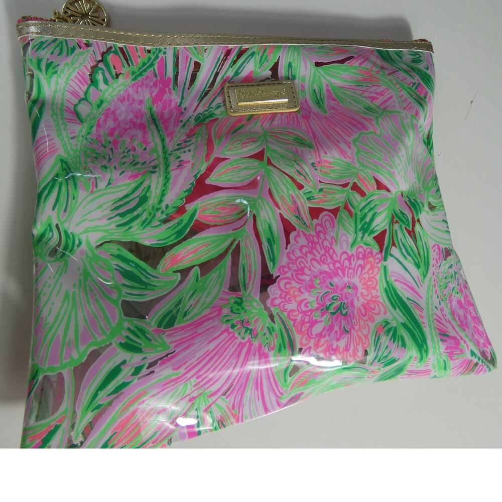 Lily Pulitzer Beach Bag Pouch Zipper Closure Towel Clips Pink Green Vinyl